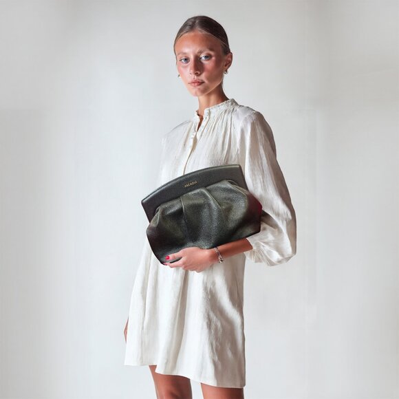 Arcadia Black Leather Clutch Bag Women’s Minimalist Fold over Evening Purse - Picture 3 of 4